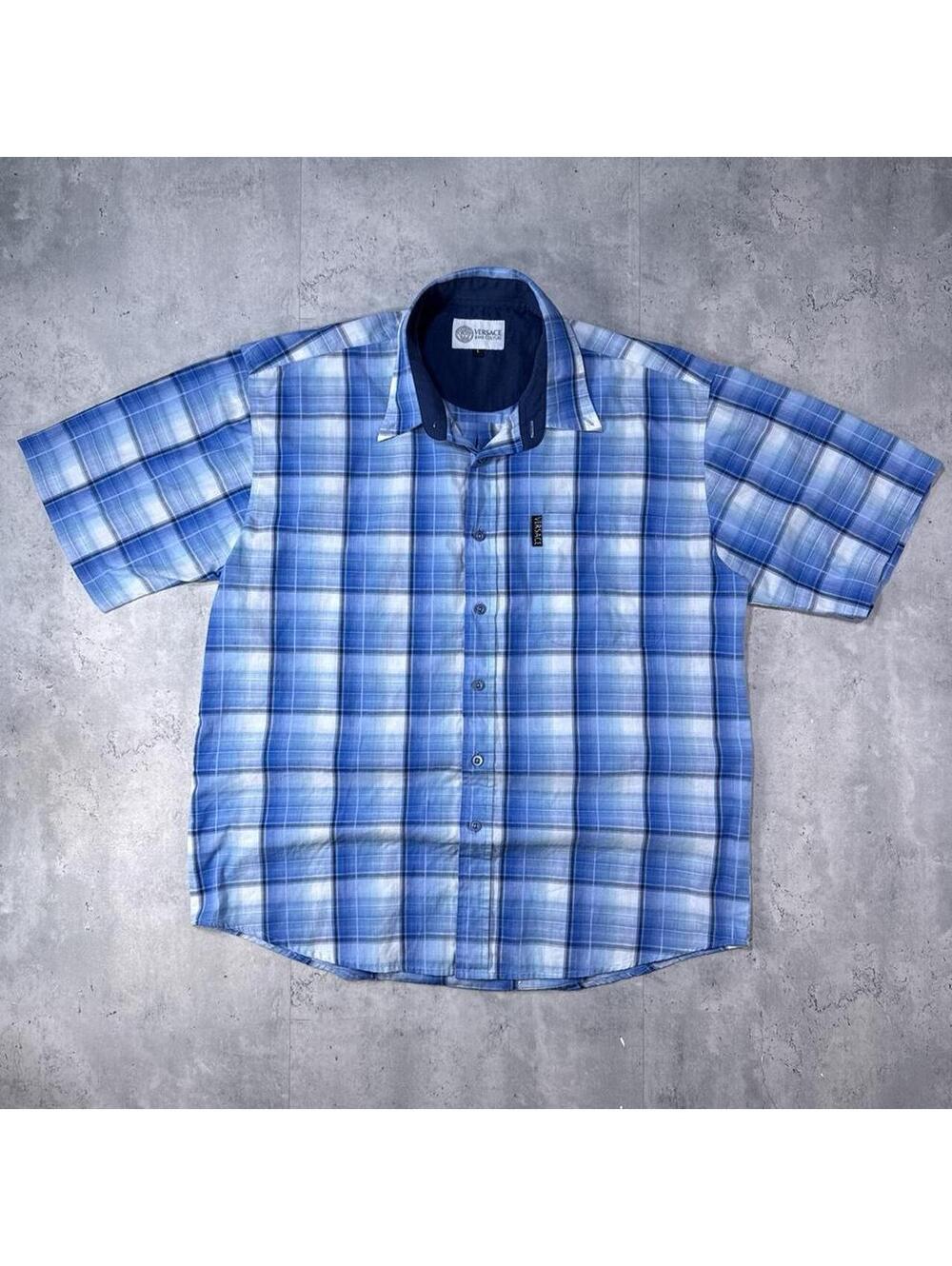 Y2K Versace 00s Blue Plaid Button Up Shirt
